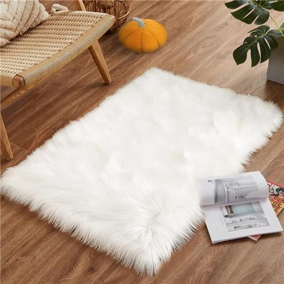 Faux Fur Rug Throw Small White 2x3 Sheep Skin Fluffy Washable Rug for Bedroom - Picture 1 of 7